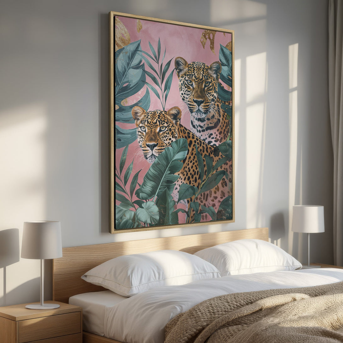 Framed Wall Art: Leopard print canvas with pink & green tropical leaves. Perfect bedroom decor. Modern art with gold frame.