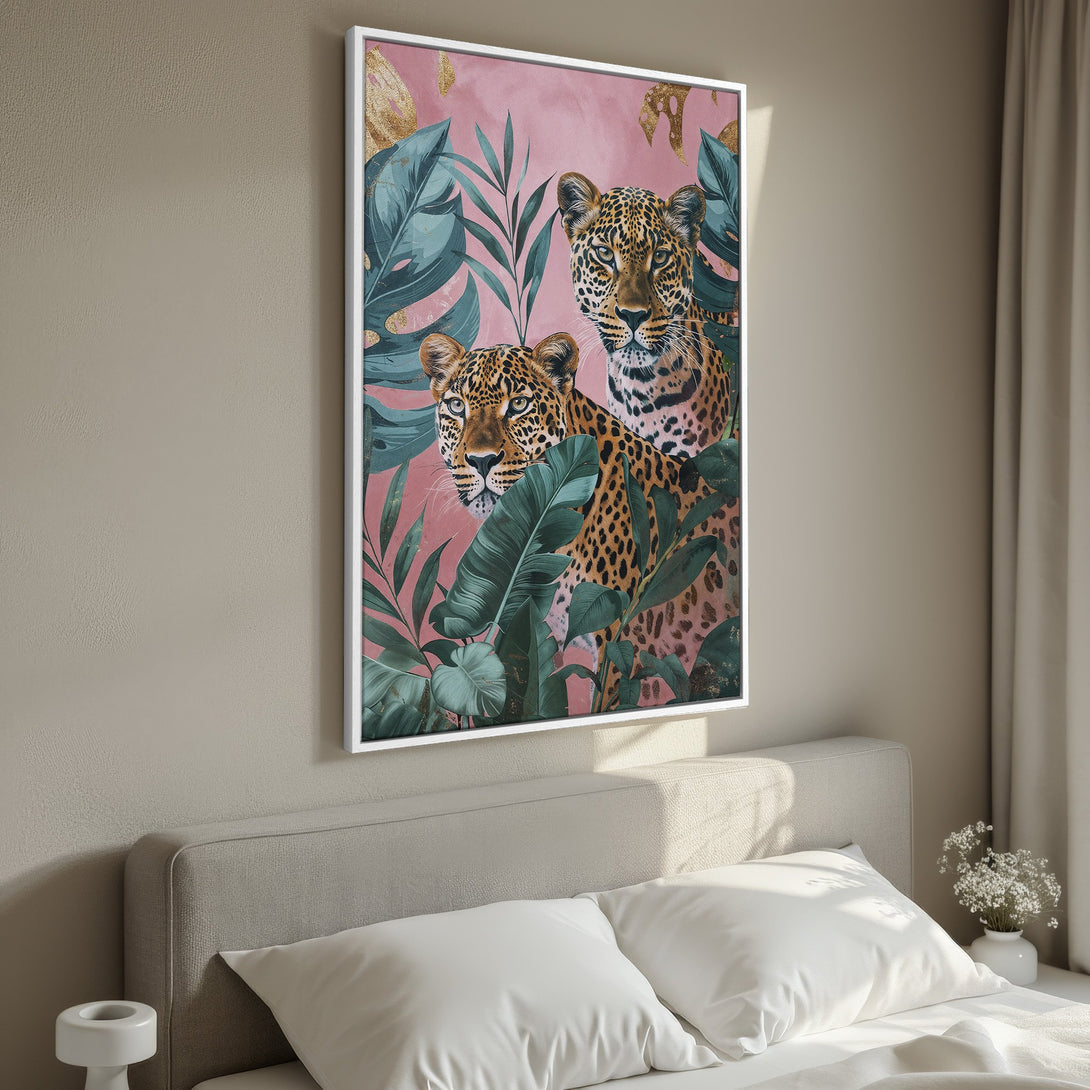 Framed Wall Art featuring a vibrant leopard illustration with a tropical leaf background in pink, teal, and gold. Perfect for adding a touch of exotic flair.