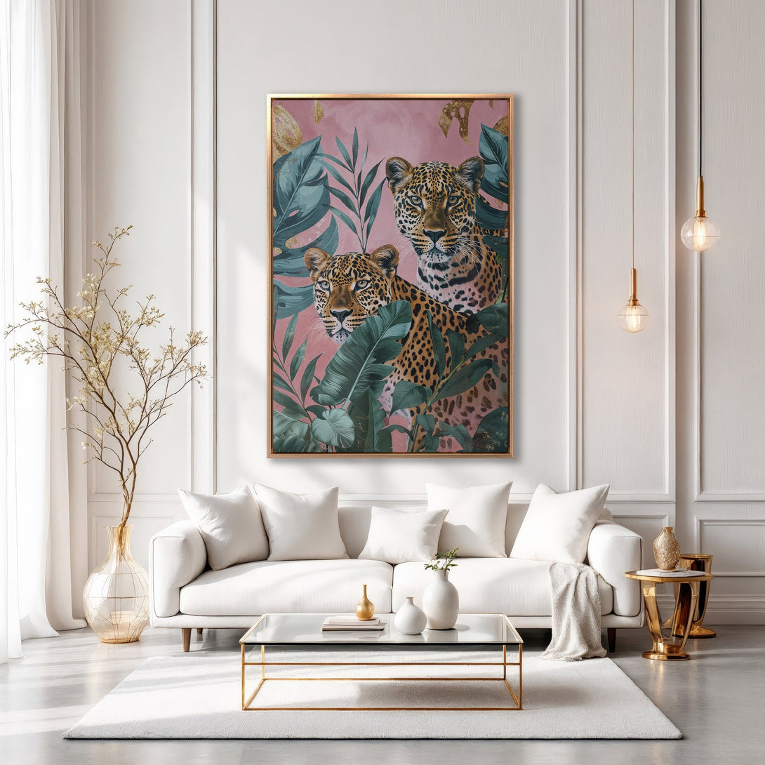 Framed Wall Art featuring leopards in a jungle setting. Pink, green, and gold color palette. Adds a touch of luxury to any living space.