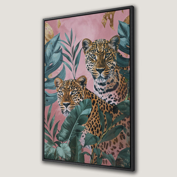 Framed Wall Art featuring leopards and tropical foliage. Modern style with a pink, green, and gold color palette. Add a touch of the wild to your home decor!