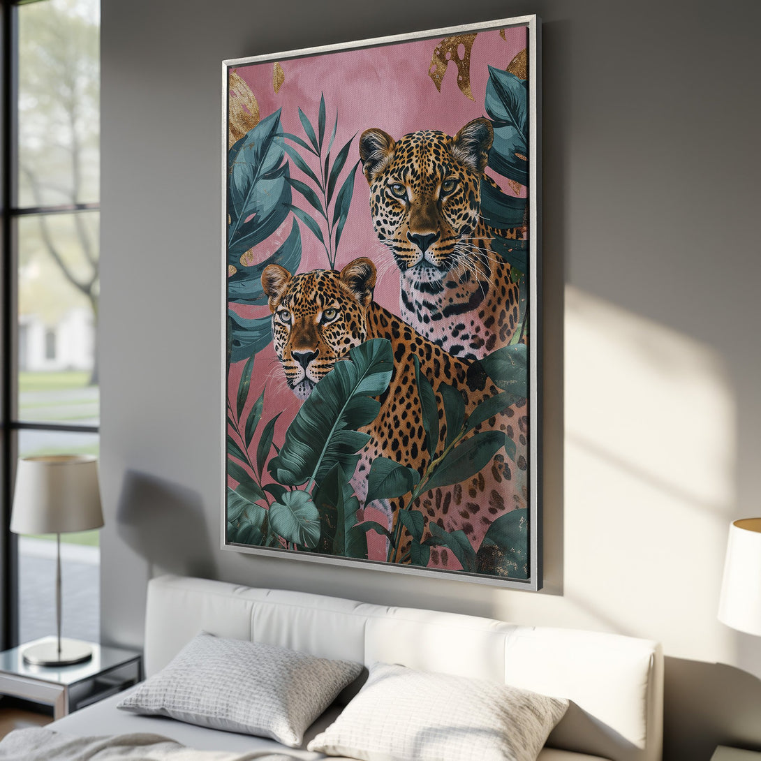 Framed Wall Art featuring leopards in a jungle scene. Tropical style with pink, green, and gold accents. Perfect for adding a touch of exotic flair to your space.