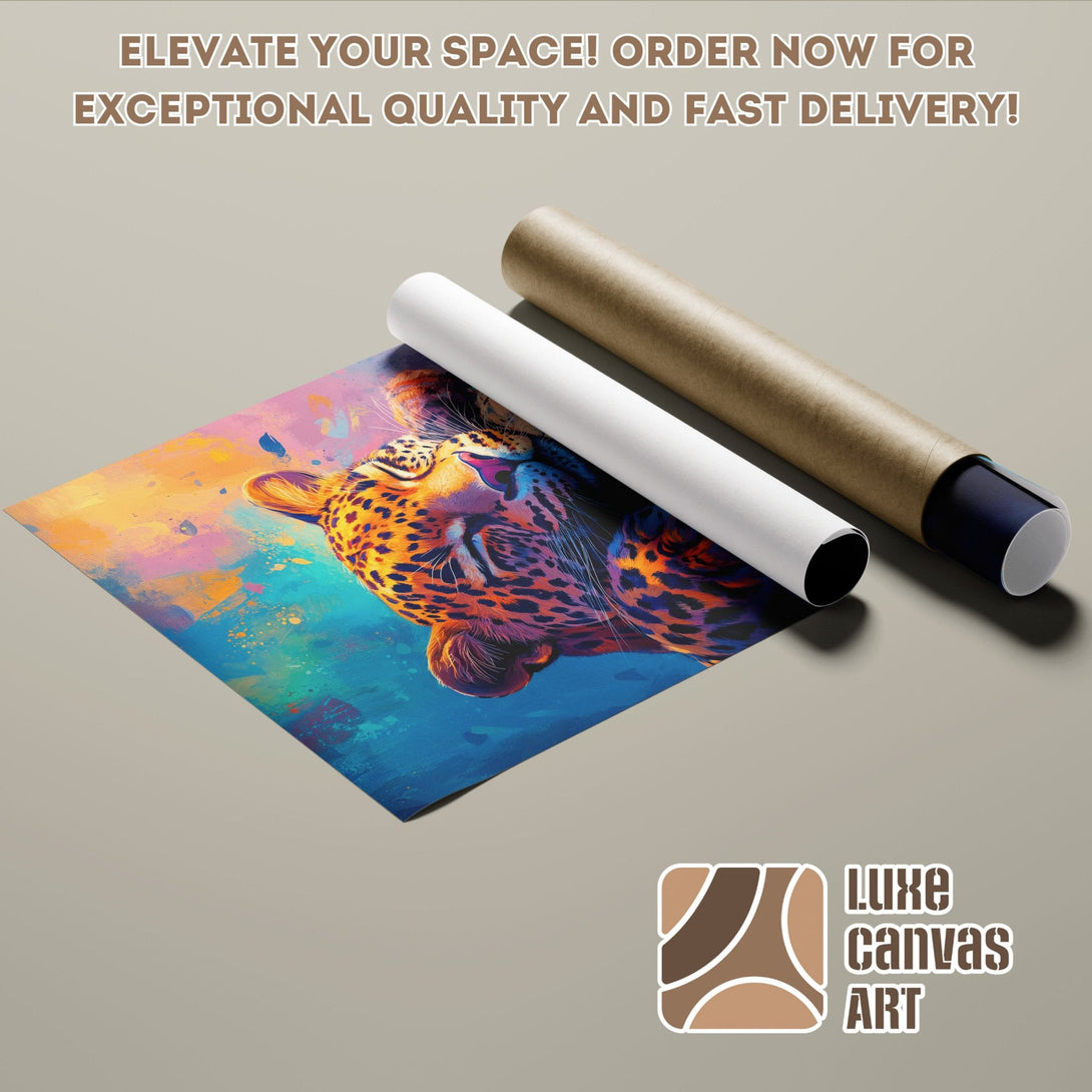 Leopard art poster roll in vibrant colors. Elevate your space with this stunning wall art! Order now.