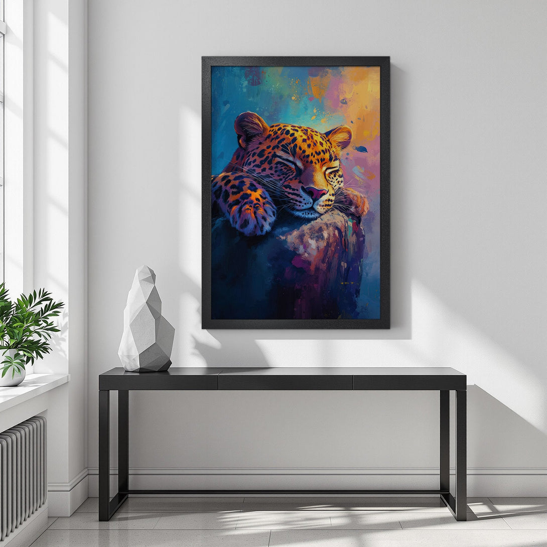 Framed Poster featuring a sleeping leopard. Vibrant, colorful artwork with a modern, painterly style. Perfect wall art for any room!