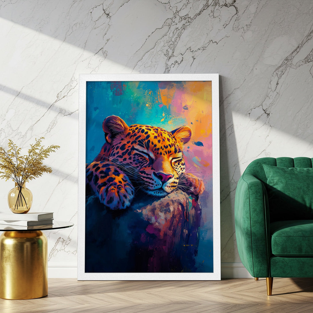 Framed Poster featuring a sleeping leopard in vibrant, colorful, abstract style. Perfect wall art for a modern home.