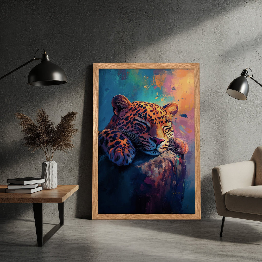 Framed Poster featuring a sleeping leopard, vibrant and colorful abstract art style with blue, orange, and purple hues. Perfect wall decor!