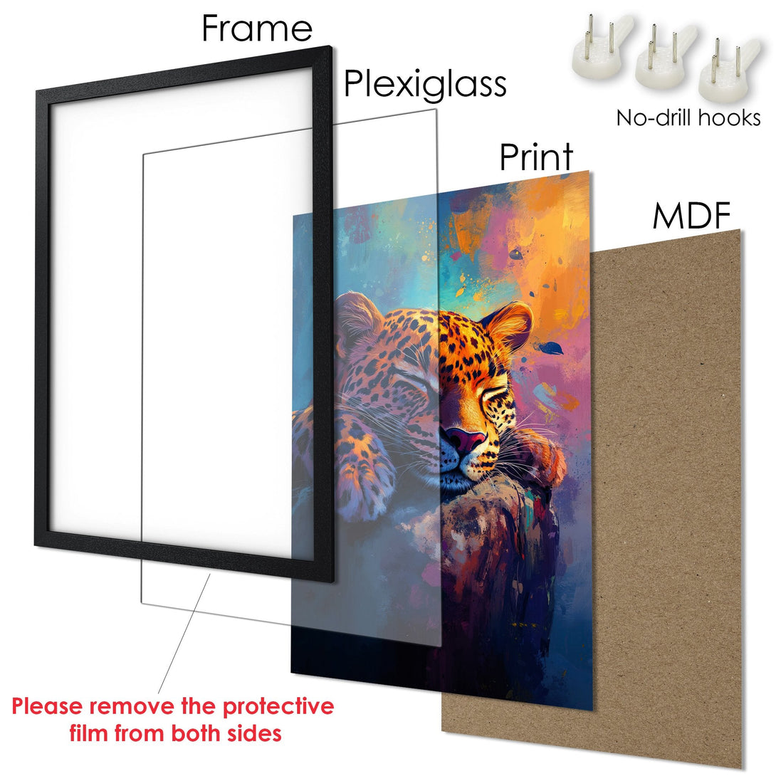 Framed Poster featuring a vibrant leopard art print. Colorful, artistic style with a warm, inviting palette. Perfect wall decor!