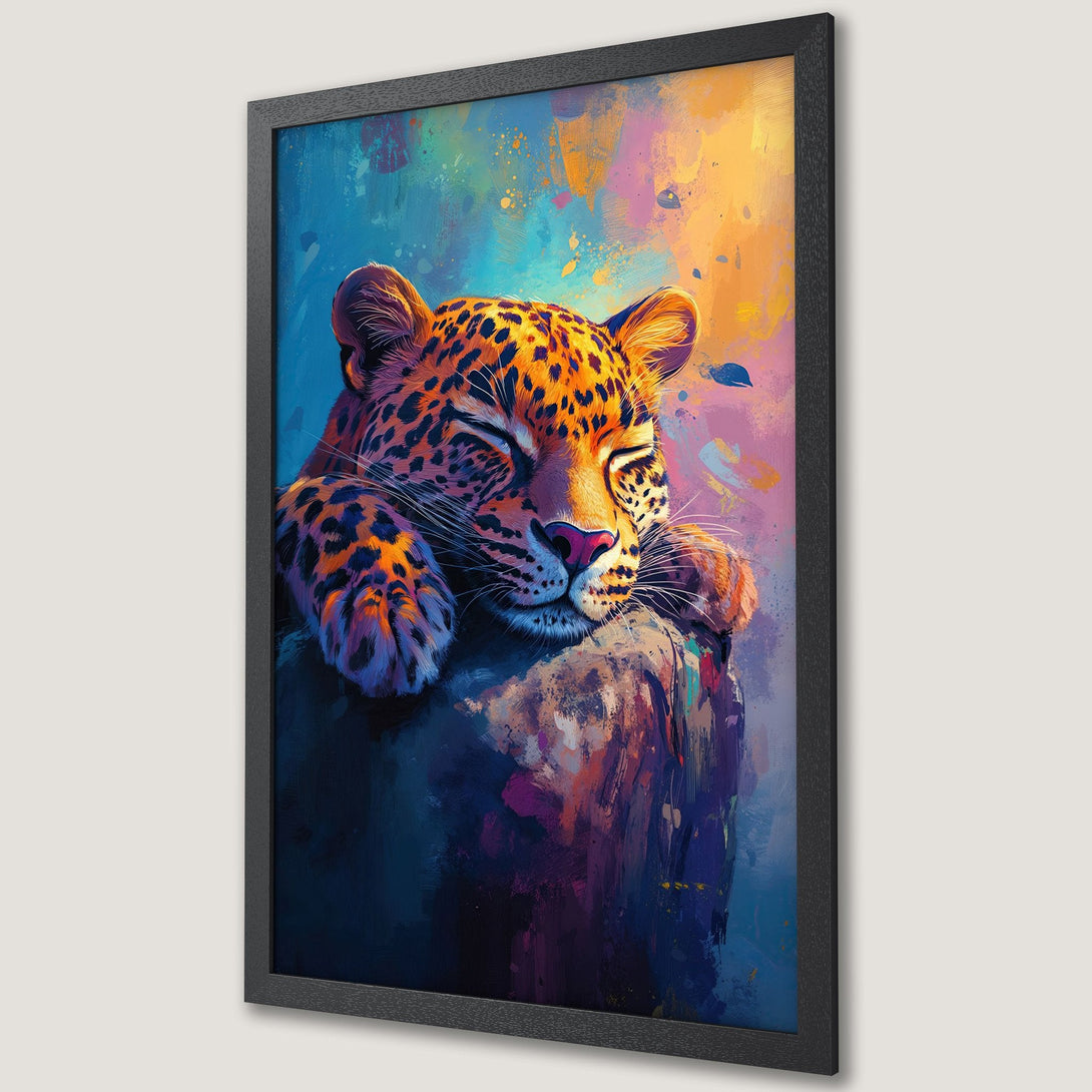 Framed Poster of a sleeping leopard. Vibrant, colorful art print with orange, blue, and purple hues. Perfect wall decor.