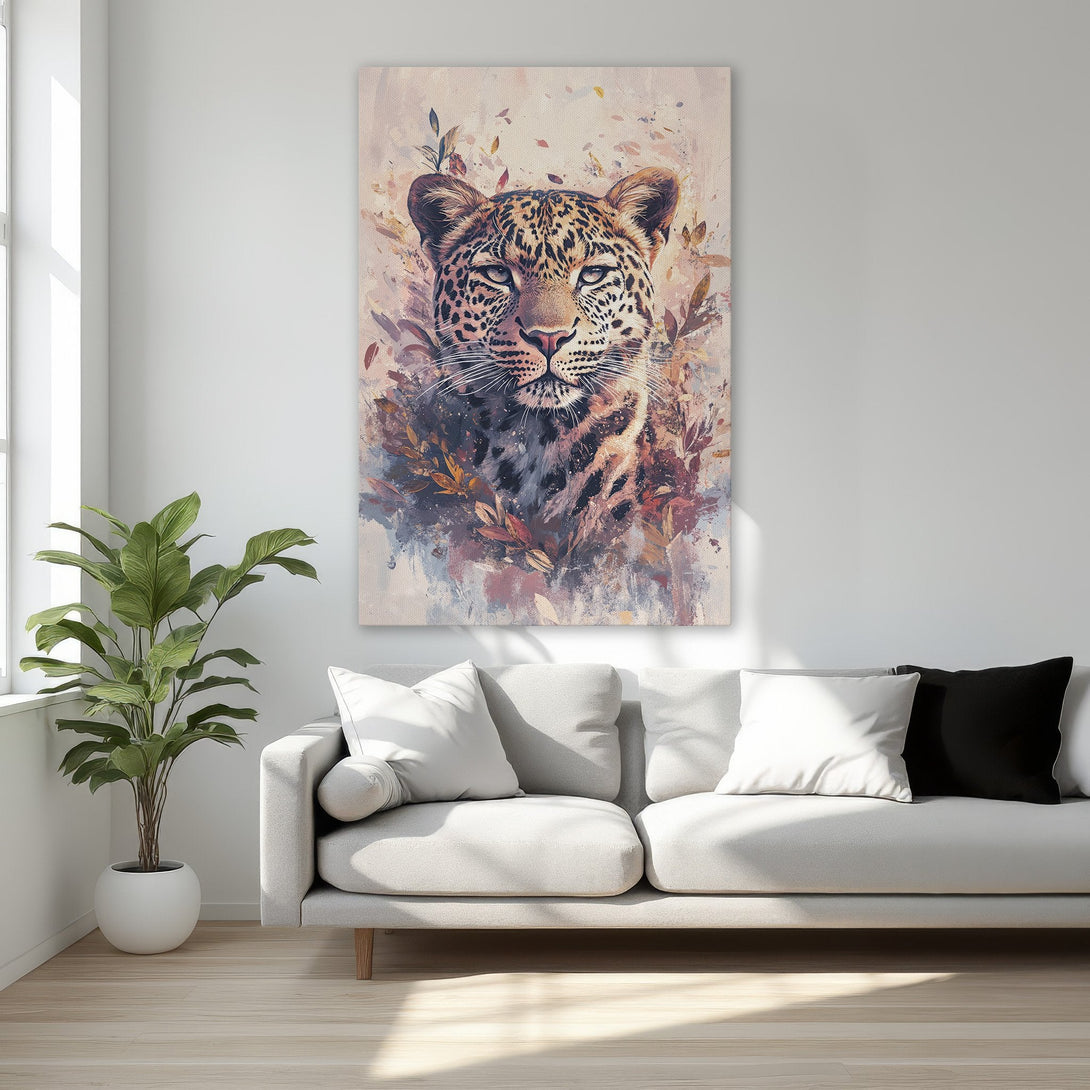 Framed Wall Art featuring a majestic leopard portrait in an expressive, painterly style. Warm, earthy color palette adds a touch of wild elegance to any space.