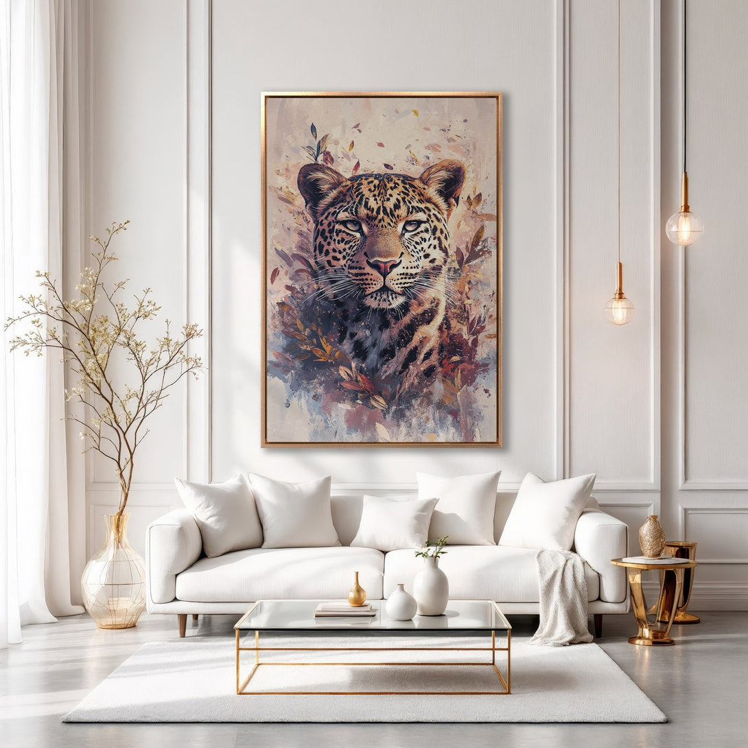 Framed Wall Art: Stunning leopard portrait in warm, earthy tones. Modern art for your home. Elevate your space with this stylish canvas print.