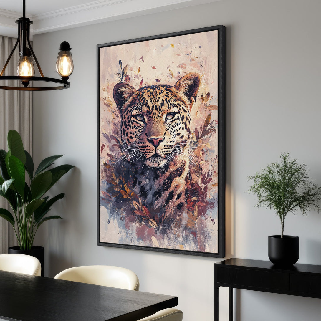 Framed Wall Art featuring a majestic leopard portrait in a painterly style. Warm, earthy color palette adds a touch of wild elegance to any space. Shop now!