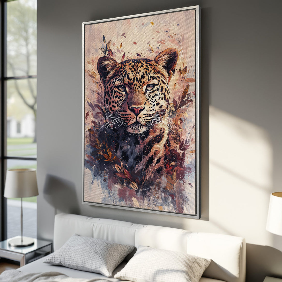 Framed Wall Art: Stunning leopard portrait in warm, earthy tones. Modern abstract style Canvas Print perfect for living room or bedroom decor.