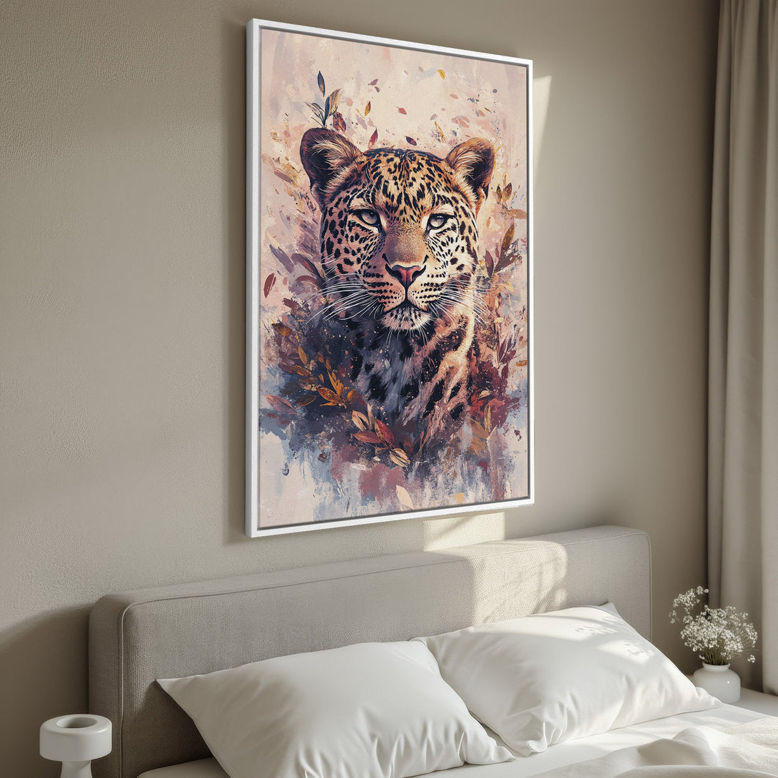 Framed Wall Art featuring a majestic leopard portrait in an impressionistic style with warm, earthy tones. Perfect for adding a touch of wild elegance.
