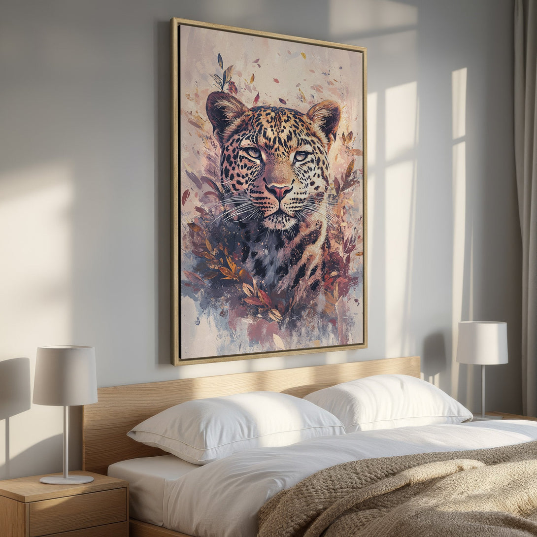 Framed Wall Art featuring a majestic leopard portrait. Artistic style with warm, earthy tones. Perfect for adding a touch of wild elegance to your bedroom decor.