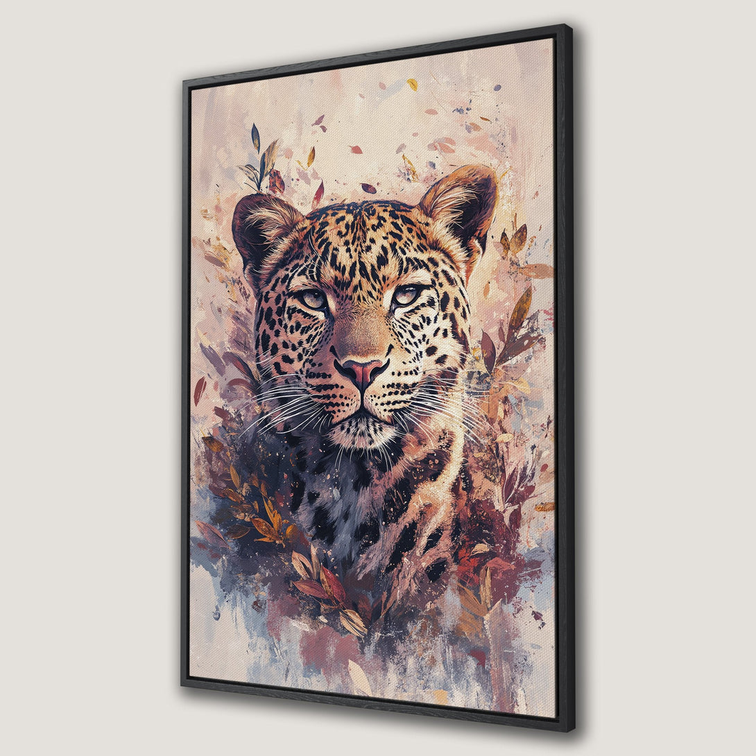 Framed Wall Art: Stunning leopard portrait in watercolor style. Earthy tones and warm hues create a captivating Canvas Print, perfect for any room.