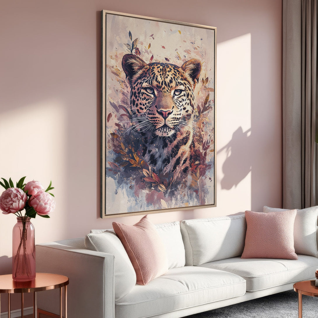 Framed Wall Art featuring a majestic leopard portrait in a watercolor style, with a warm, neutral color palette. Perfect for adding a touch of elegance.