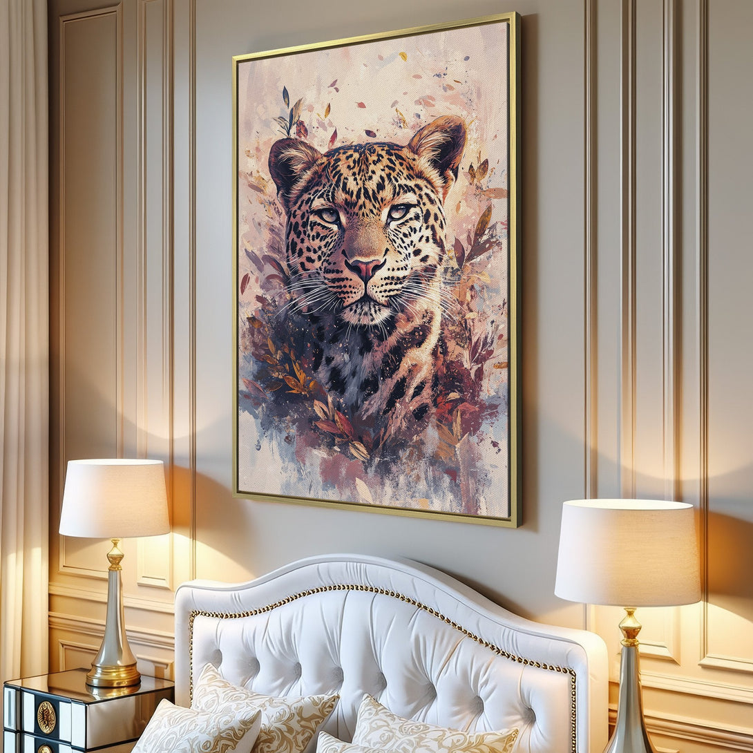 Canvas Print featuring a majestic leopard portrait in an artistic style with warm, earthy tones. Perfect wall art for your home!