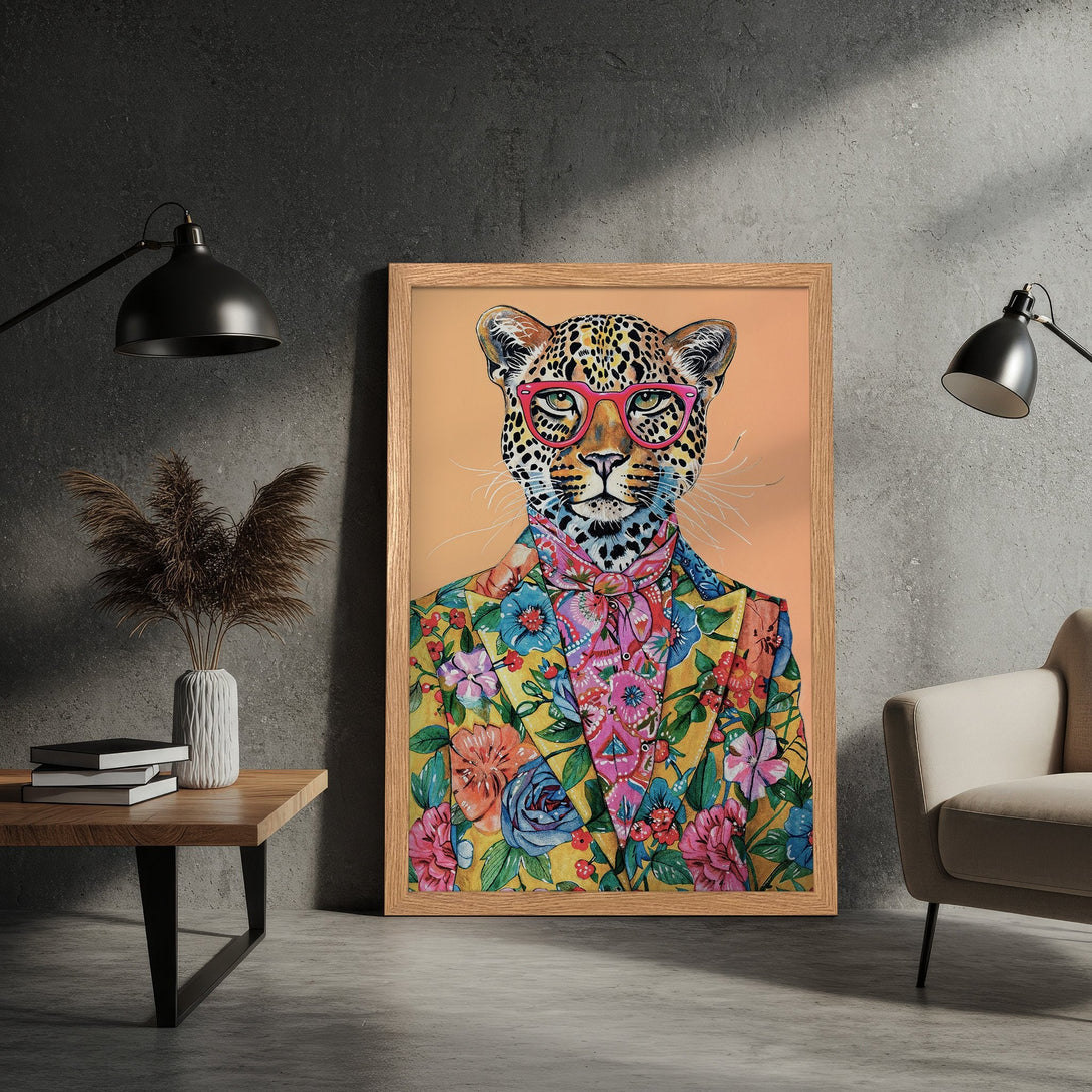 Framed Poster featuring a stylish leopard in a floral suit, vibrant colors on a neutral background. Perfect wall art!