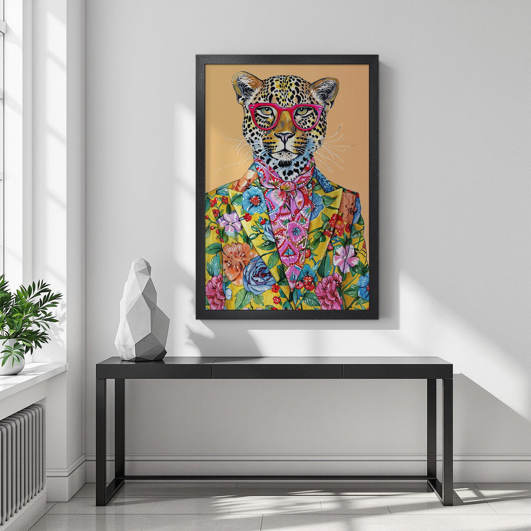 Framed Poster of a stylish leopard wearing glasses and a floral suit. Vibrant colors and a unique art style for home decor.