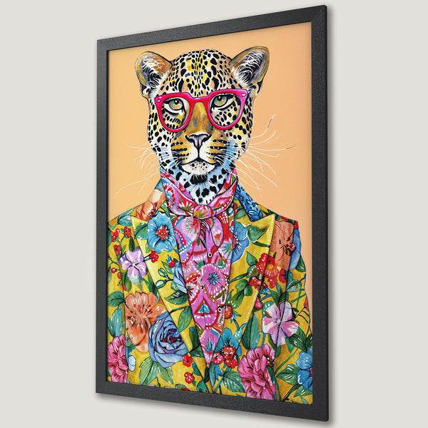 Framed Poster featuring a stylish leopard in a floral suit. Watercolor art with a vibrant yellow, pink, and blue color palette. Unique wall art.