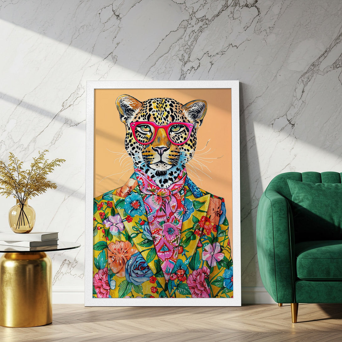 Framed Poster featuring a stylish leopard in a floral suit. Vibrant colors and whimsical art style. Perfect wall decor.