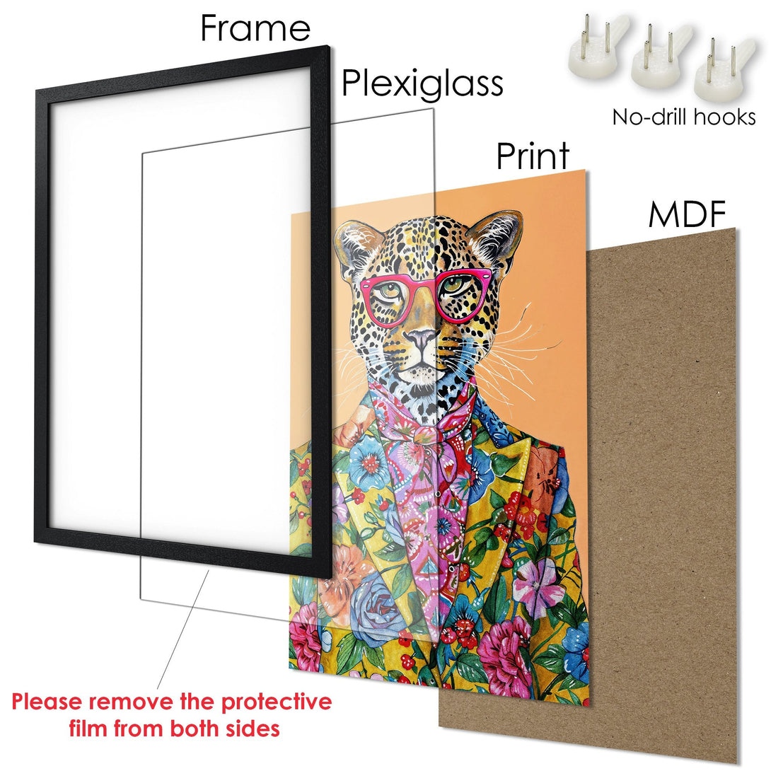 Framed Poster featuring a stylish leopard in a colorful floral jacket. Vibrant art print with a warm, inviting color palette.