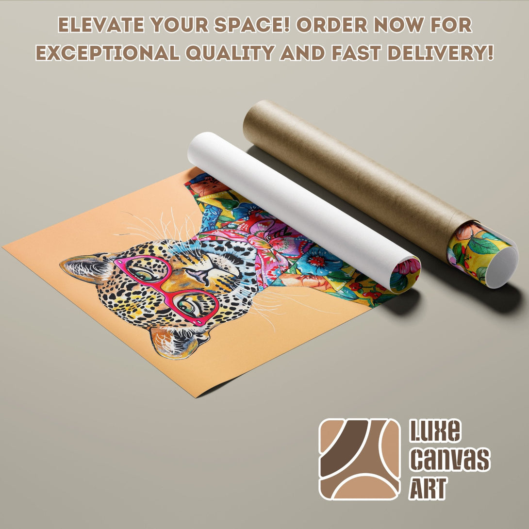 Poster Roll featuring a stylish leopard with a colorful floral design, warm color palette.