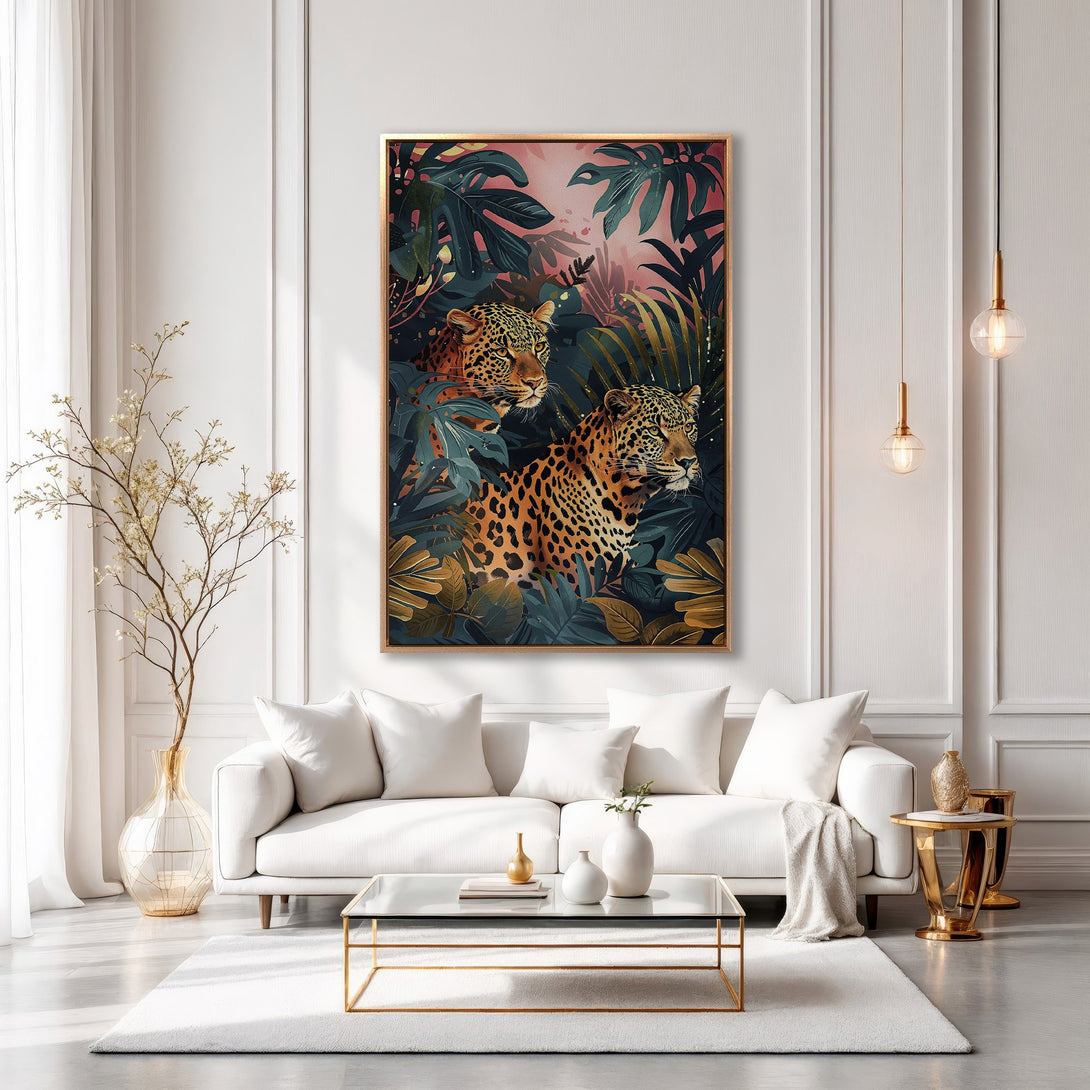 Framed Wall Art featuring leopards in a jungle scene. Modern, stylish Canvas Print with a tropical, dark green and orange color palette. Perfect for living room decor.