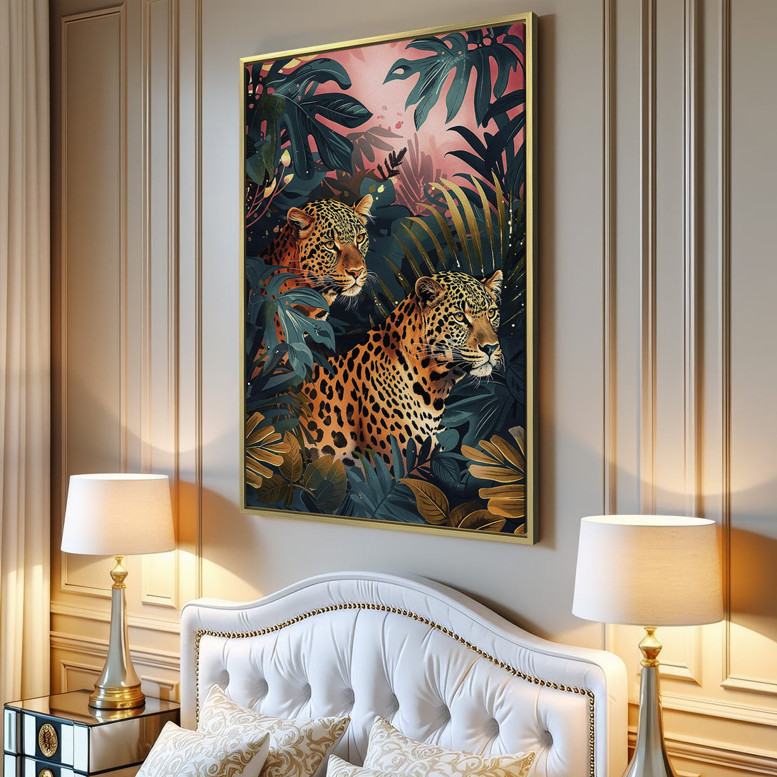 Canvas Print featuring a vibrant jungle scene with leopards. Tropical style with a rich palette of teal, gold, and pink. Perfect for modern decor.