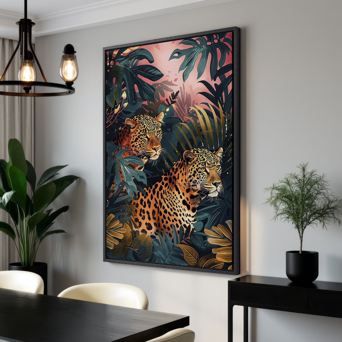 Framed Wall Art: Tropical leopard art print in teal, gold, and orange. Modern jungle decor for your home. Shop canvas prints now!