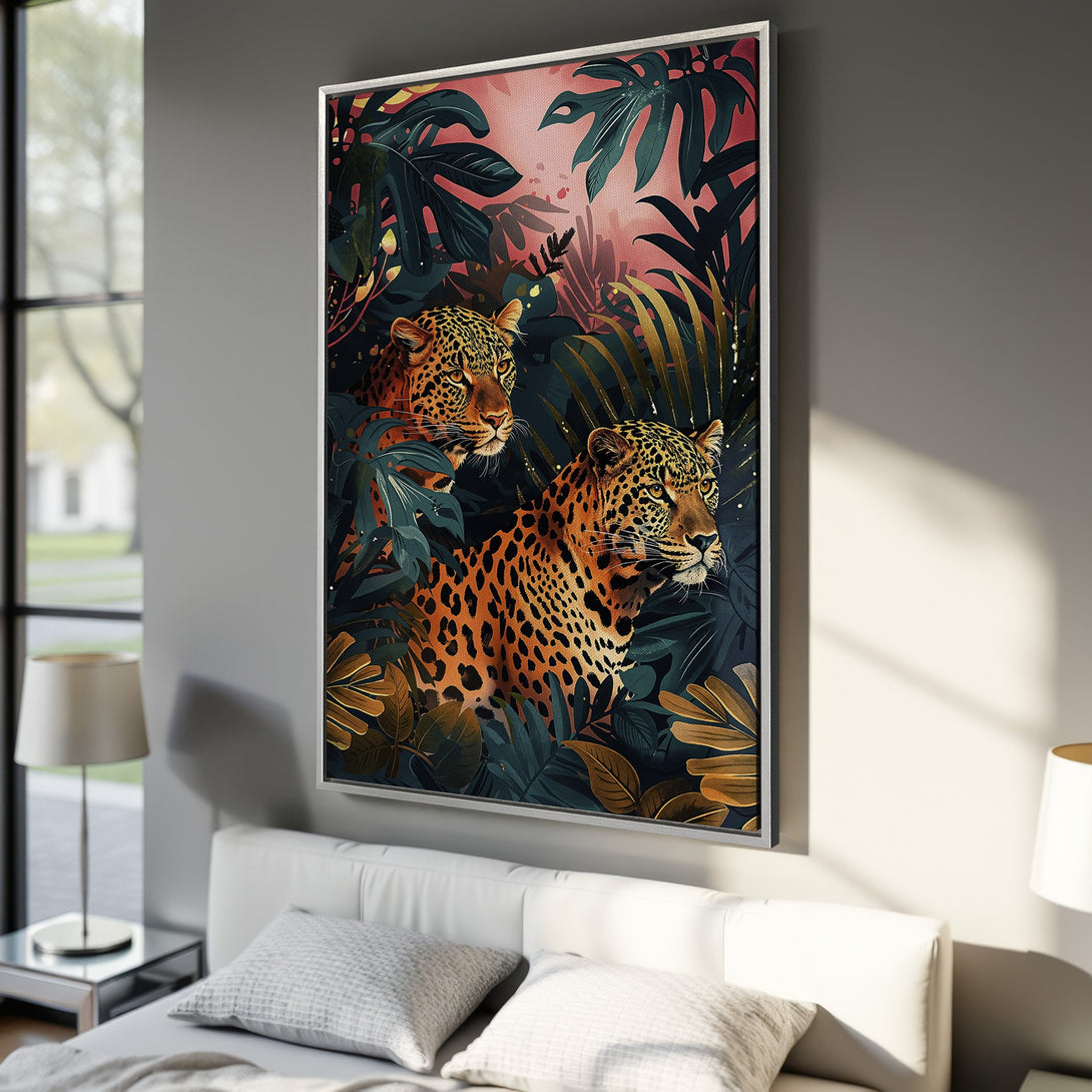 Framed Wall Art featuring leopards in a jungle scene. Modern style with a vibrant color palette of greens, golds, and oranges. Perfect for home decor.