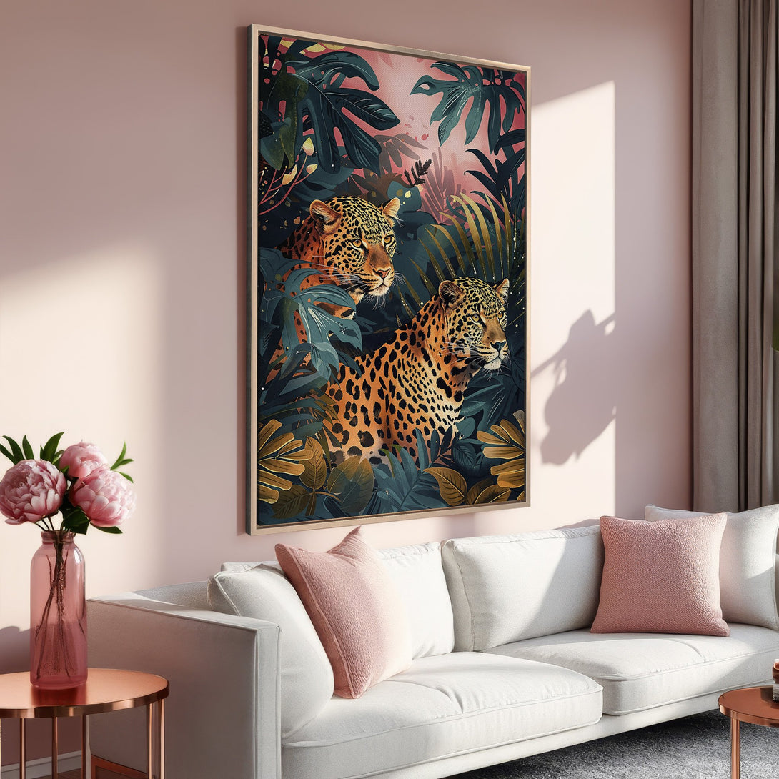 Framed Wall Art featuring a leopard in a jungle scene. Modern style with a lush, tropical color palette of teal, gold, and pink. Perfect for any living space!