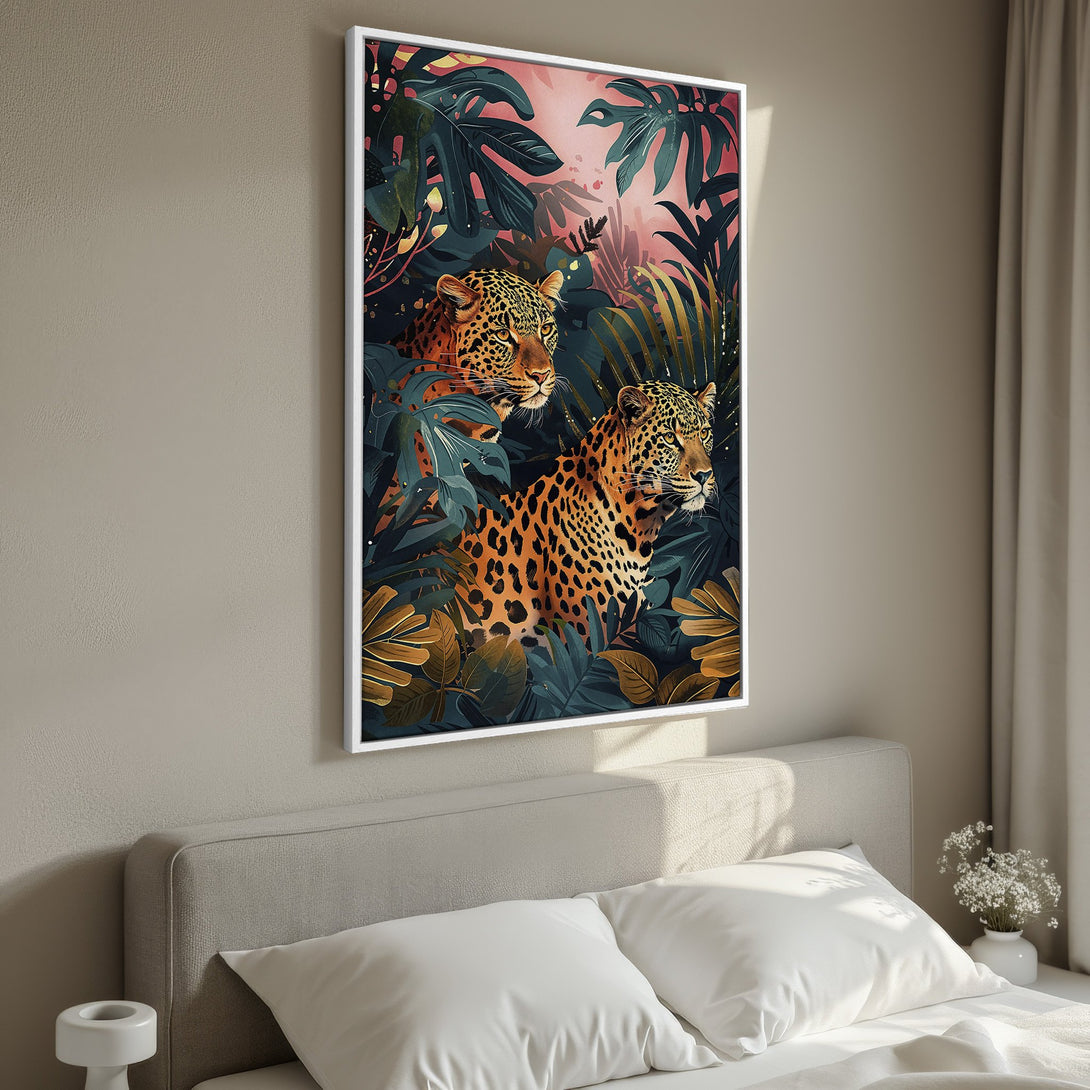 Framed Wall Art featuring a vibrant jungle scene with leopards. Tropical style with a rich color palette of greens, oranges, and pinks. Perfect for adding a touch of nature.