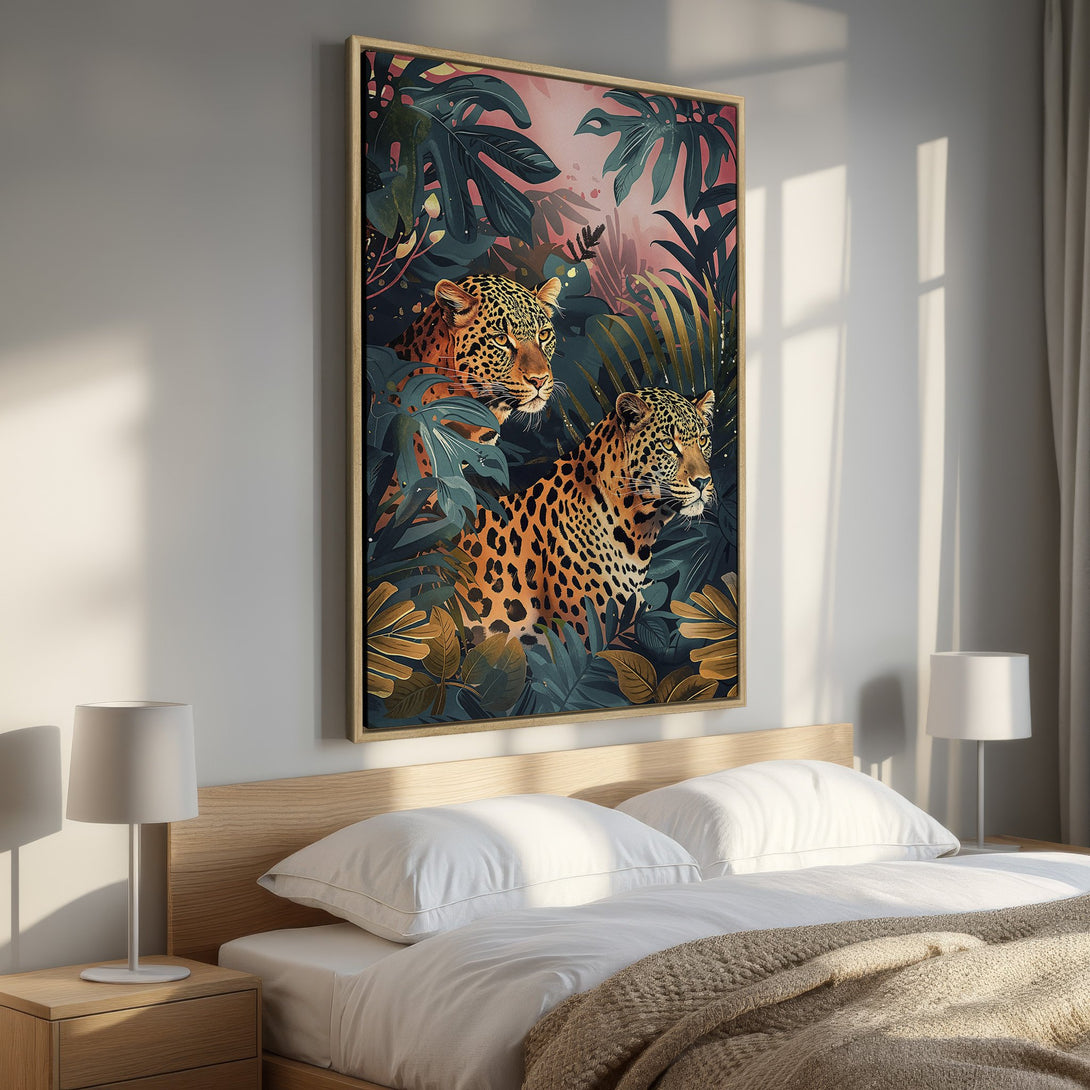 Framed Wall Art: Tropical leopard print canvas in a bedroom. Rich, dark greens, oranges, and pinks. Elevate your space with this stunning art piece!