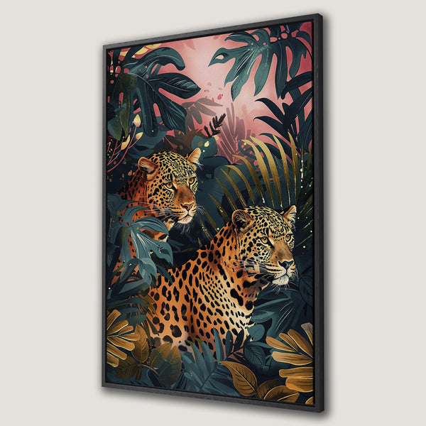 Framed Wall Art featuring a vibrant jungle scene with two leopards. Tropical style with a rich color palette of teal, gold, and coral. Perfect for adding exotic flair.