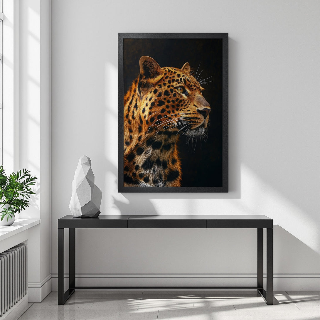 Framed Poster featuring a majestic leopard portrait in warm tones. Adds a touch of wildlife elegance to any space.