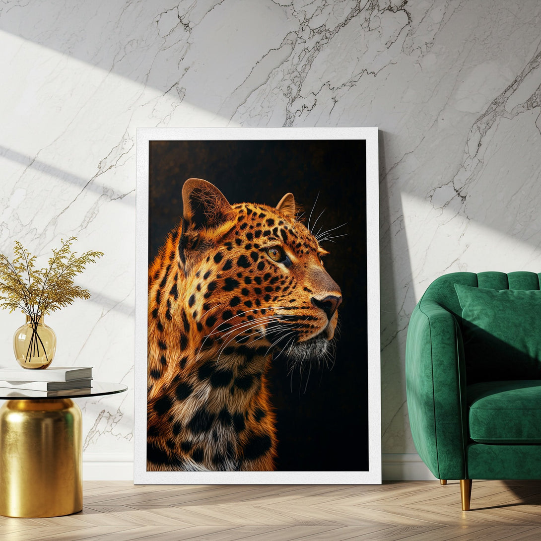 Framed Poster featuring a detailed leopard portrait. Warm orange and black tones create a striking, modern art style. Perfect wall decor!