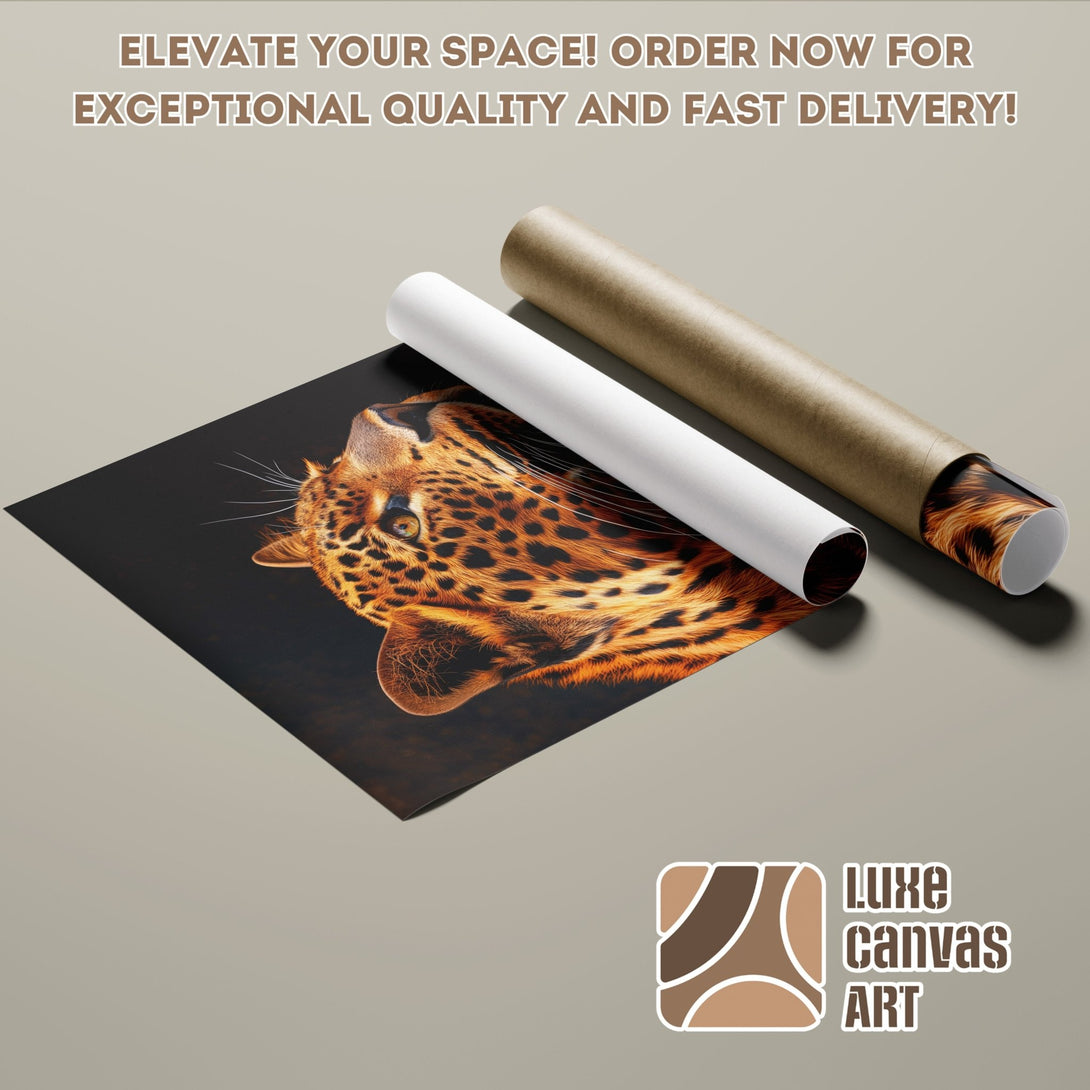 Leopard Poster Roll featuring a detailed animal portrait, warm color palette. Order your premium art today!