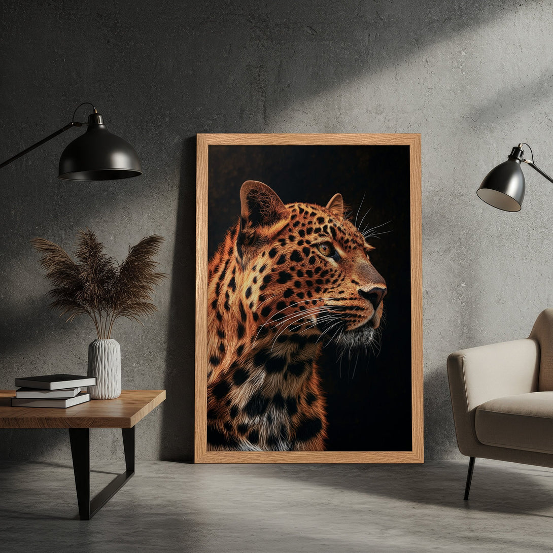 Framed Poster featuring a majestic leopard portrait, warm earth tones, and striking detail. Perfect for modern home decor.