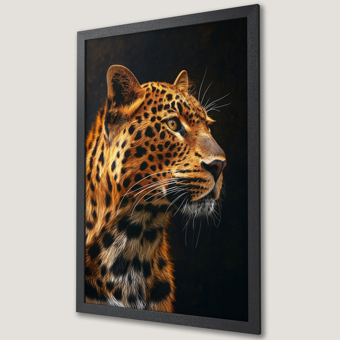 Framed Poster of a majestic leopard portrait in warm tones. Stunning wildlife art for your home decor.
