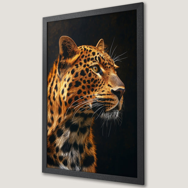 Framed Poster of a majestic leopard portrait in warm tones. Stunning wildlife art for your home decor.