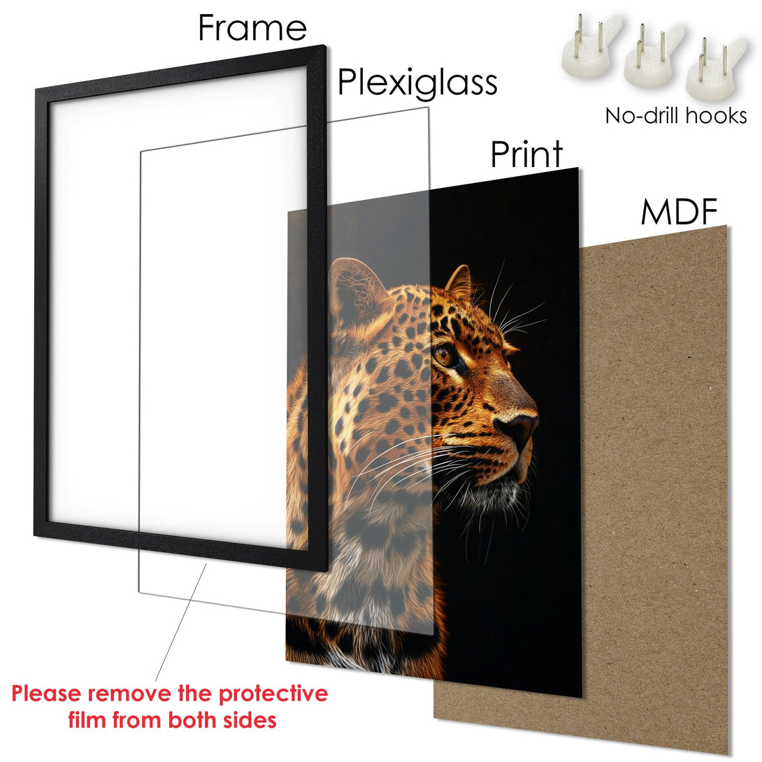 Framed Poster featuring a majestic leopard in warm tones. Stylish wildlife art for your home decor.