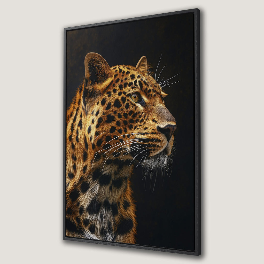 Framed Wall Art featuring a majestic leopard portrait in warm brown and black tones. Add a touch of wild elegance to your home with this stunning Canvas Print.
