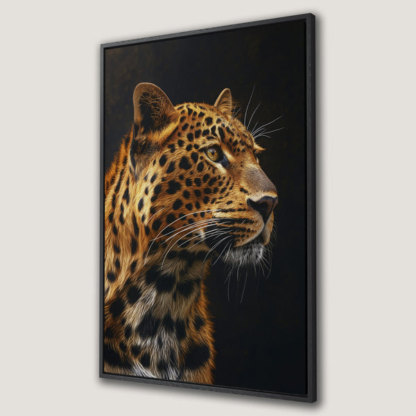 Framed Wall Art featuring a majestic leopard portrait in warm brown and black tones. Add a touch of wild elegance to your home with this stunning Canvas Print.