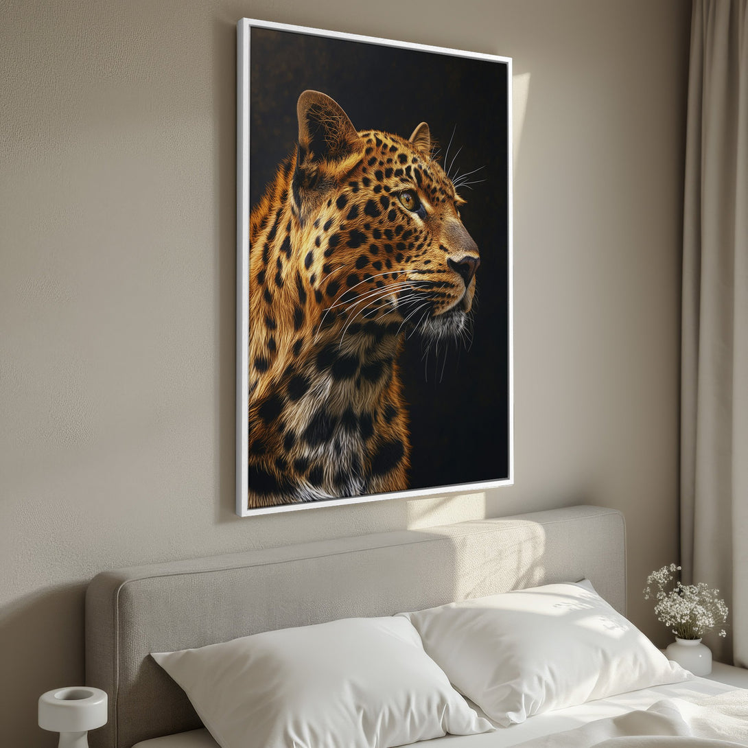 Framed Wall Art featuring a majestic leopard portrait. Warm, earthy tones create a striking, luxurious aesthetic for your home decor.