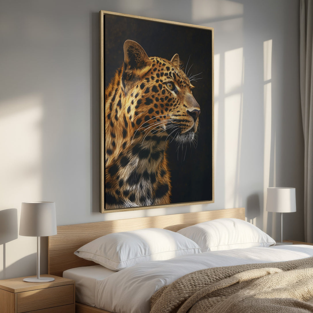 Framed Wall Art: Majestic leopard portrait in warm gold and brown tones, perfect for adding a touch of wildlife elegance to your bedroom decor.