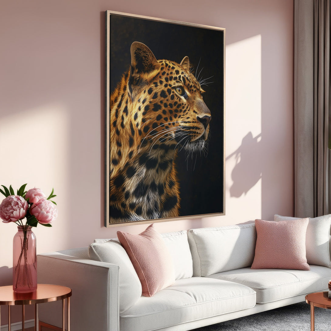 Framed Wall Art featuring a majestic leopard portrait. Warm, earthy tones and a black background create a striking contrast for modern home decor.