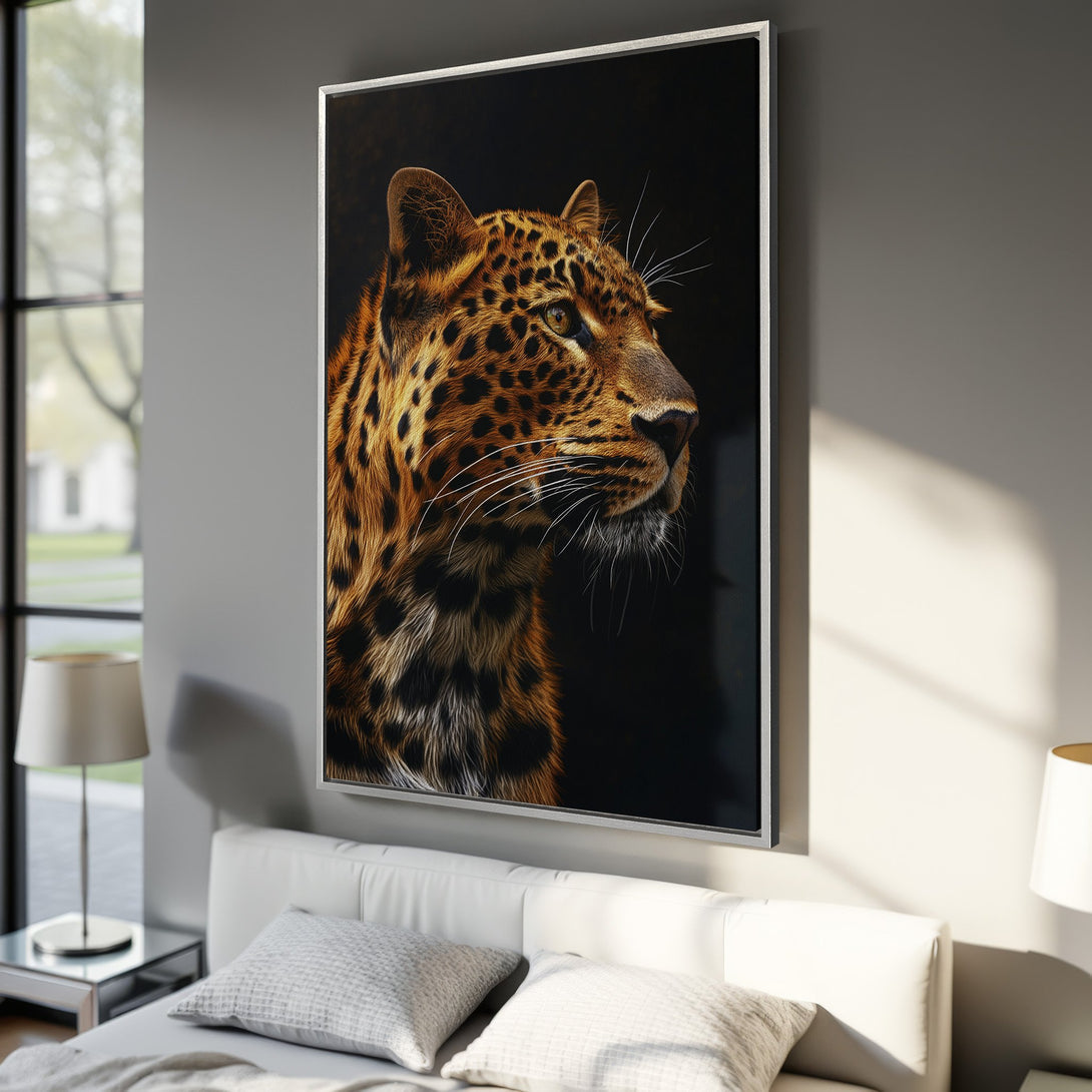 Framed Wall Art: Stunning leopard portrait in warm brown tones. Modern Canvas Print adds a touch of wildlife elegance to any room. Shop now!