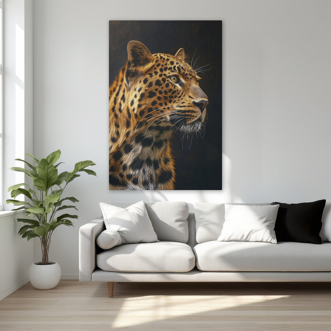 Framed Wall Art featuring a regal leopard portrait. Warm, earthy tones and a sophisticated style enhance any space. Elevate your decor with this stunning canvas print.