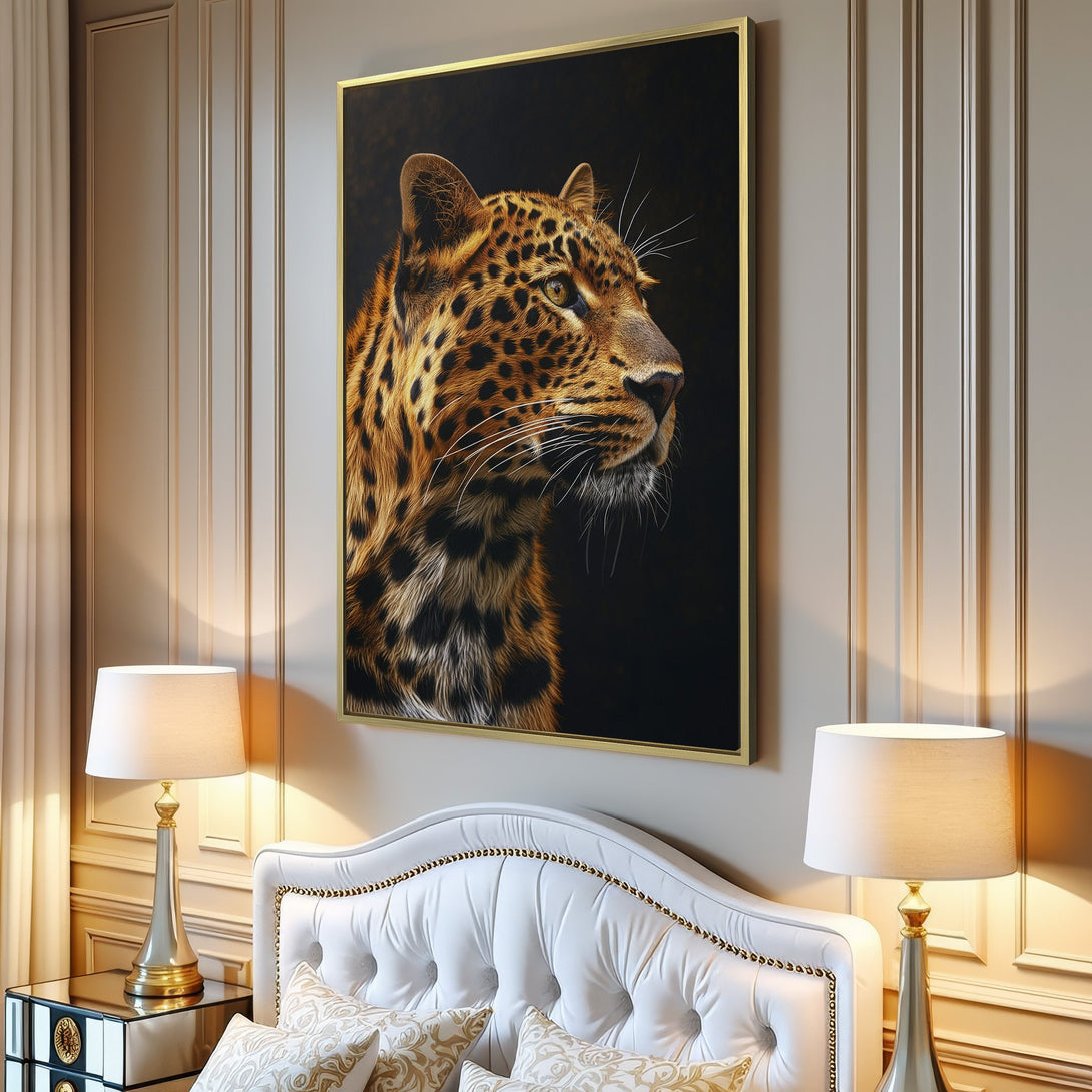 Canvas Print of a majestic leopard. Rich, warm color palette with browns and golds. Perfect for adding a touch of wild elegance to your home.
