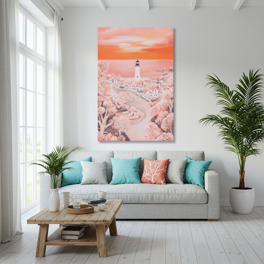 Framed Wall Art: Coastal lighthouse scene in pink and white, displayed in a modern living room. Adds a touch of serenity with a warm color palette.
